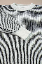 Striped textured knit loose sweater with contrast edge in chestnut color by Mommas Hive, featuring a relaxed fit and cozy design.