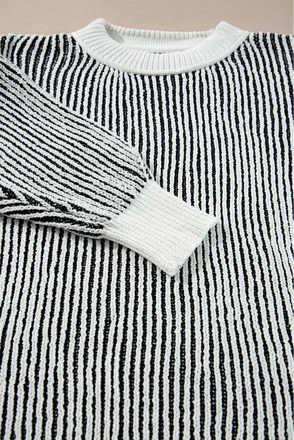 Striped textured knit loose sweater with contrast edge in chestnut color by Mommas Hive, featuring a relaxed fit and cozy design.