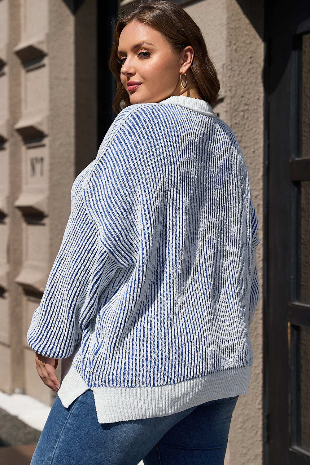 Striped textured knit loose sweater with contrast edge from Mommas Hive, featuring chestnut color and relaxed fit.