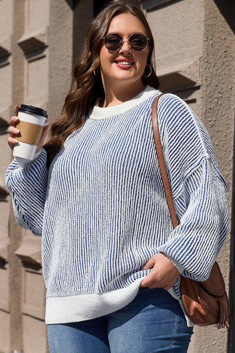 Chestnut striped textured knit loose sweater by Mommas Hive featuring contrast edge, perfect for casual wear.