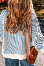 Mommas Hive striped textured knit loose sweater with contrast edge in chestnut, featuring a relaxed fit and cozy design.