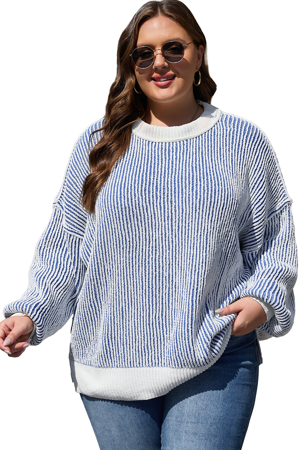 Striped textured knit loose sweater with contrast edge in chestnut color by Mommas Hive, made from polyester.