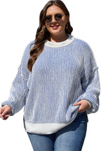 Striped textured knit loose sweater with contrast edge in chestnut color by Mommas Hive, made from polyester.