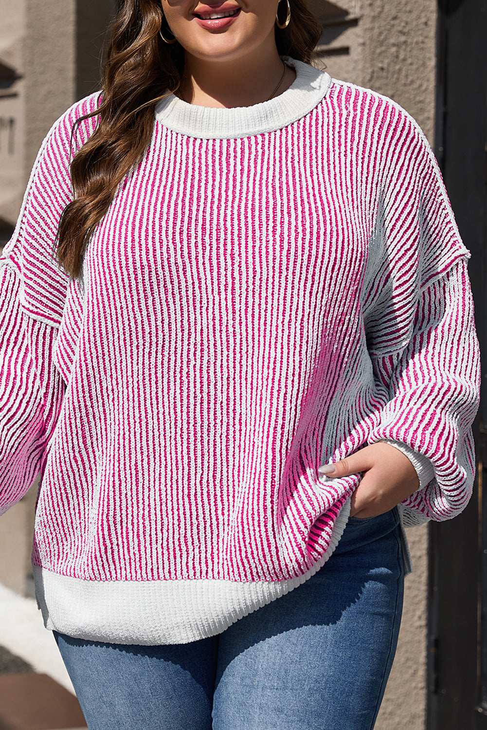 Striped textured knit loose sweater with contrast edge in chestnut color by Mommas Hive, featuring a relaxed fit and cozy design.