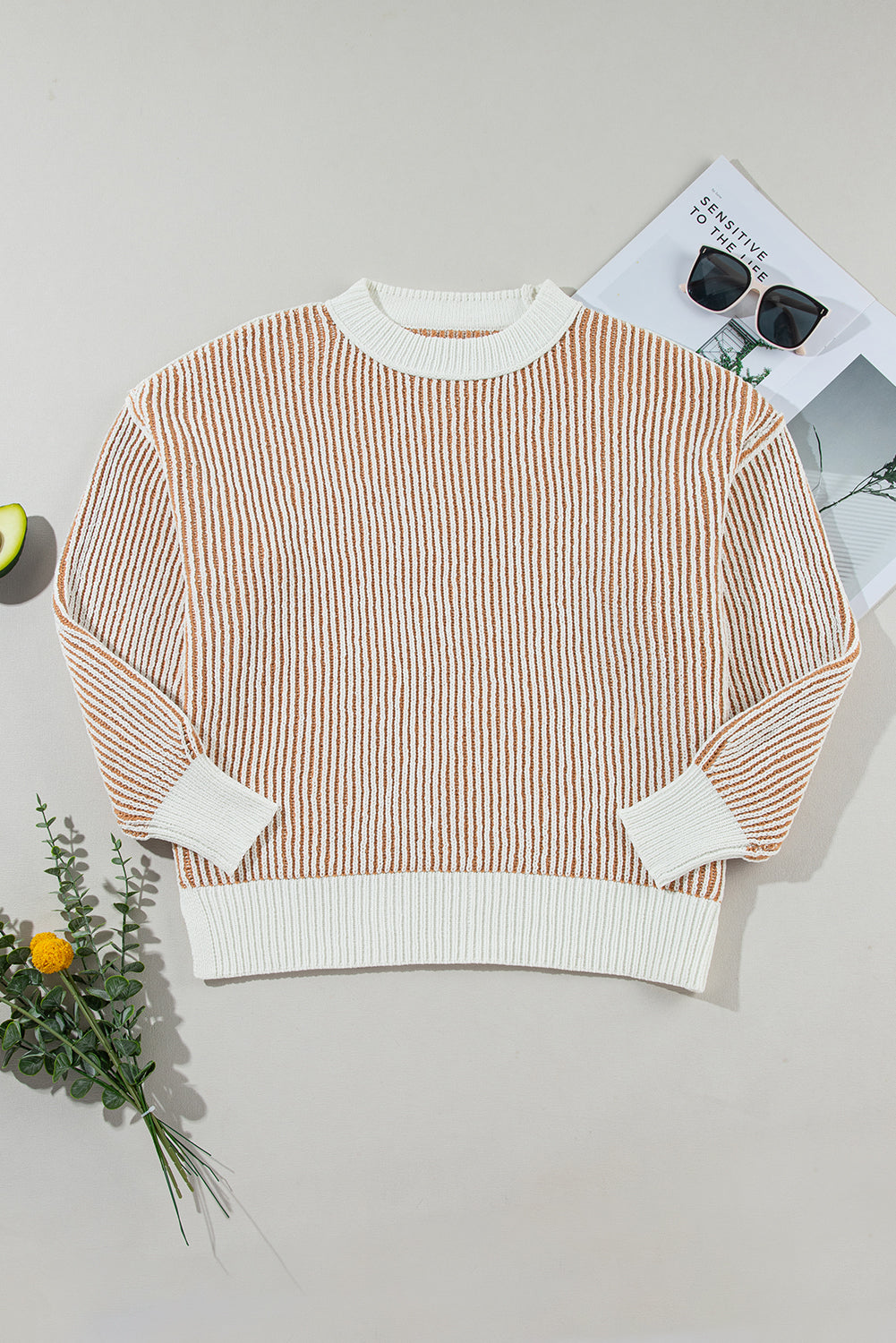 Striped textured knit loose sweater with contrast edge, chestnut color by Mommas Hive, made from polyester, casual and cozy fit.