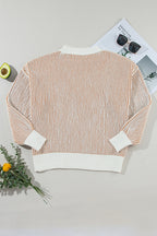 Chestnut striped textured knit loose sweater by Mommas Hive with contrast edge, featuring a relaxed fit and cozy fabric.