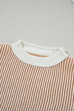 Chestnut striped textured knit loose sweater by Mommas Hive with contrast edge, made from polyester, casual and cozy fit.