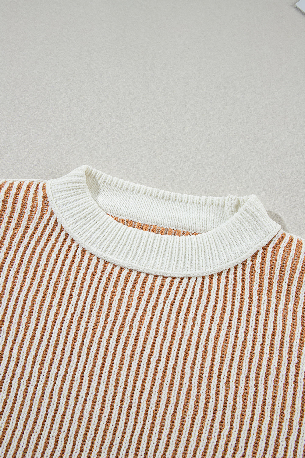 Chestnut striped textured knit loose sweater by Mommas Hive with contrast edge, made from polyester, casual and cozy fit.