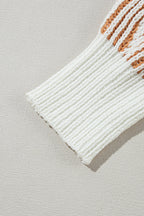 Chestnut striped textured knit loose sweater by Mommas Hive with contrast edge, long sleeves, and relaxed fit.
