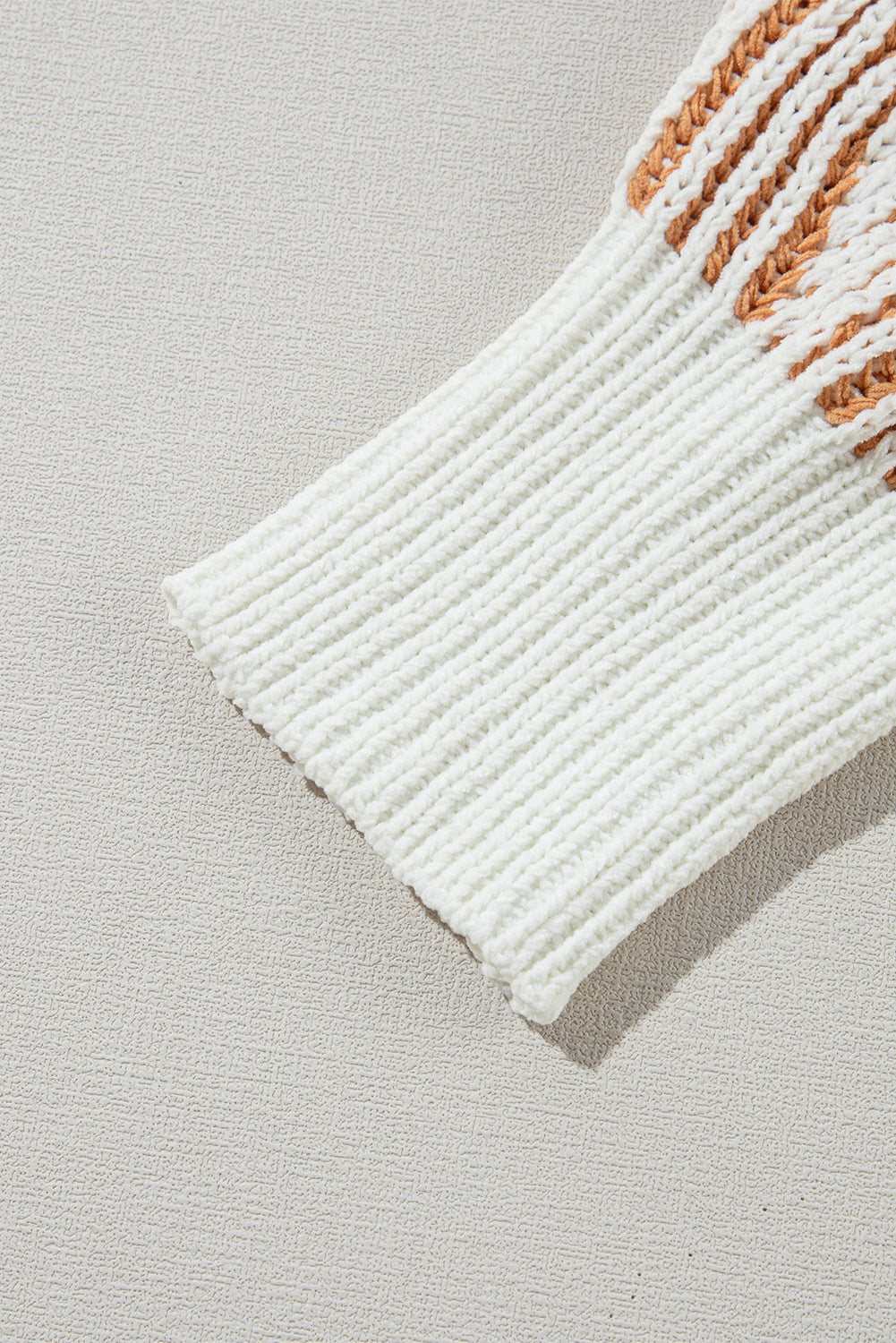 Chestnut striped textured knit loose sweater by Mommas Hive with contrast edge, long sleeves, and relaxed fit.