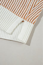 Striped textured knit loose sweater by Mommas Hive with contrast edge, chestnut color, made of polyester, casual and cozy style.