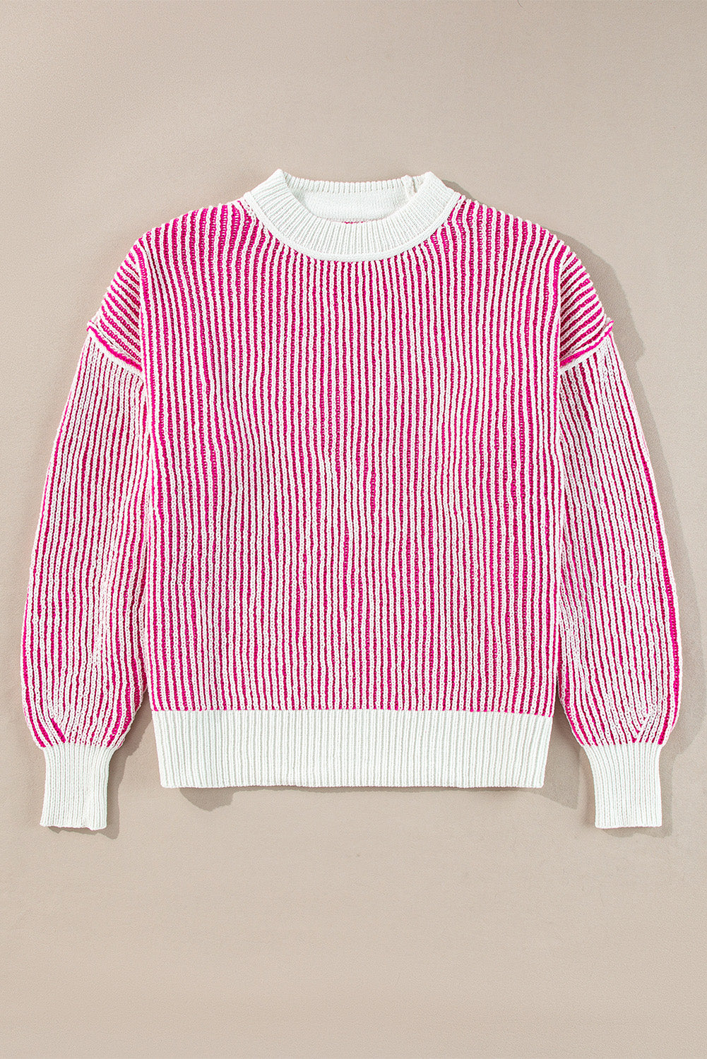 Chestnut striped textured knit loose sweater by Mommas Hive with contrast edge, featuring a relaxed fit and cozy style.