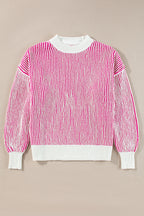 Chestnut striped textured knit loose sweater by Mommas Hive with contrast edge, featuring a relaxed fit and cozy style.