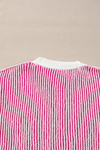 Striped textured knit loose sweater with contrast edge in chestnut color by Mommas Hive, featuring a cozy, relaxed fit.