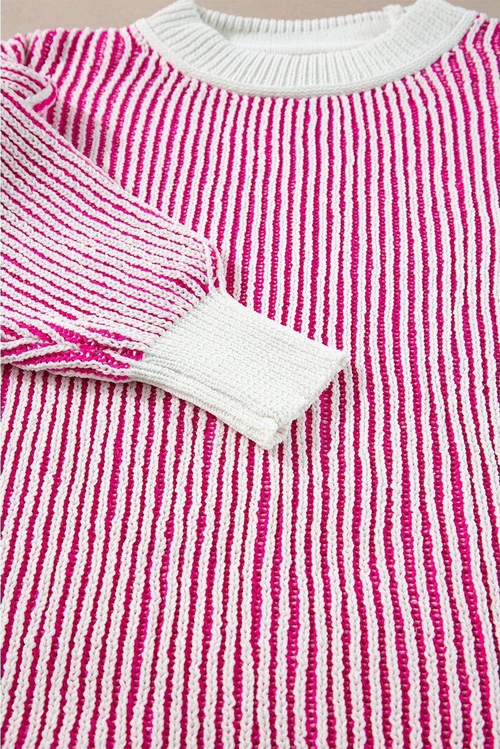 Striped textured knit loose sweater with contrast edge in chestnut color by Mommas Hive, featuring a relaxed fit.