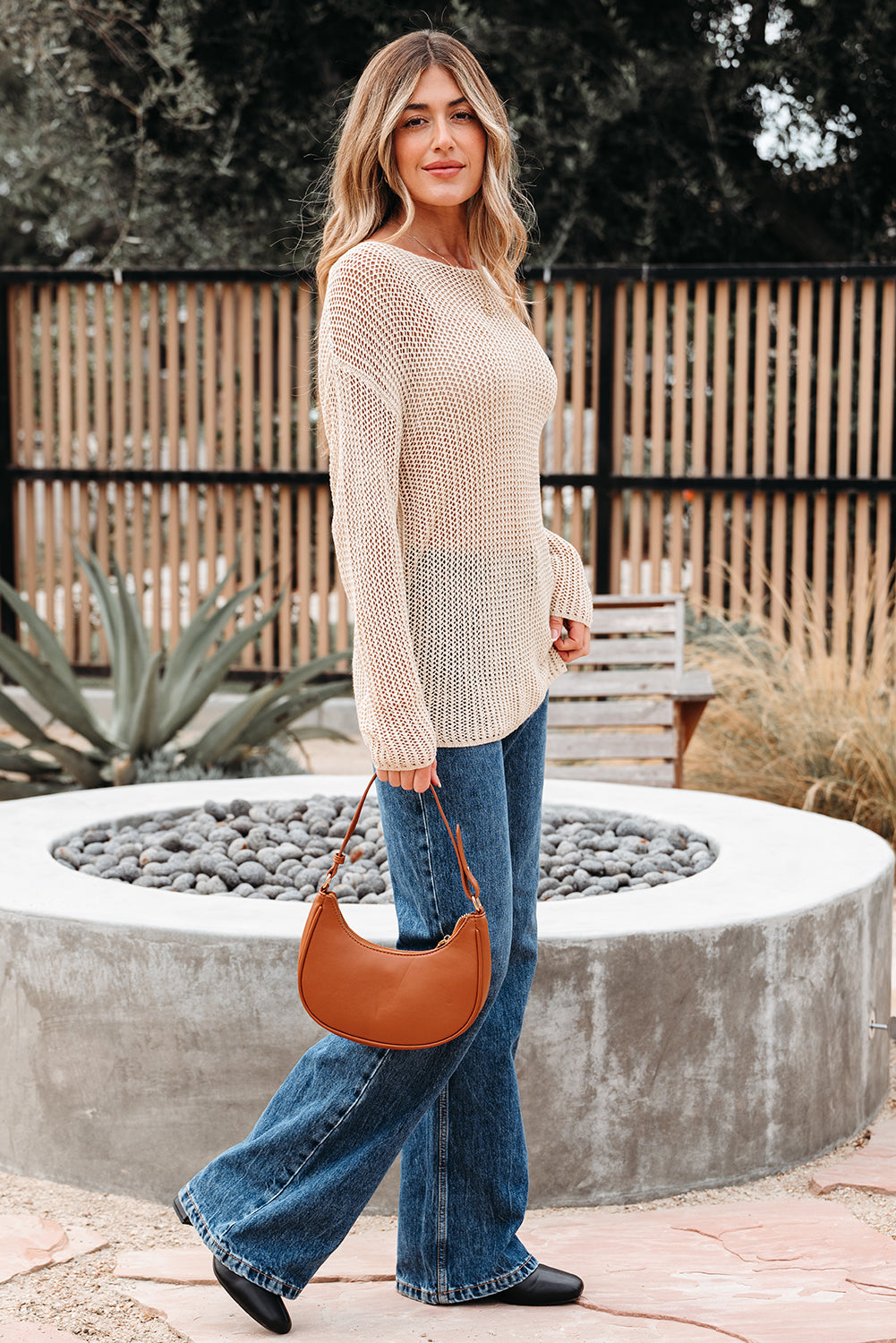 Smoke gray crochet hollow-out jumper top sweater by Mommas Hive, showcasing textured knit and relaxed fit.
