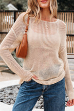 Smoke gray crochet hollow-out jumper top sweater by Mommas Hive, featuring a stylish open-knit design and cozy fit.