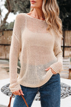 Smoke gray crochet hollow-out jumper top sweater by Mommas Hive, featuring a lightweight, stylish knit design with openwork details.
