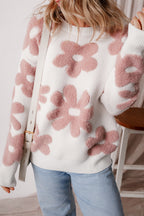 White textured flower drop shoulder loose sweater from Mommas Hive, featuring a cozy, relaxed fit with floral design details.
