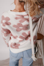 White textured flower drop shoulder loose sweater by Mommas Hive, featuring a cozy knit fabric and relaxed fit.