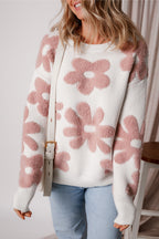 White textured flower drop shoulder loose sweater by Mommas Hive, featuring a relaxed fit and floral knit pattern.
