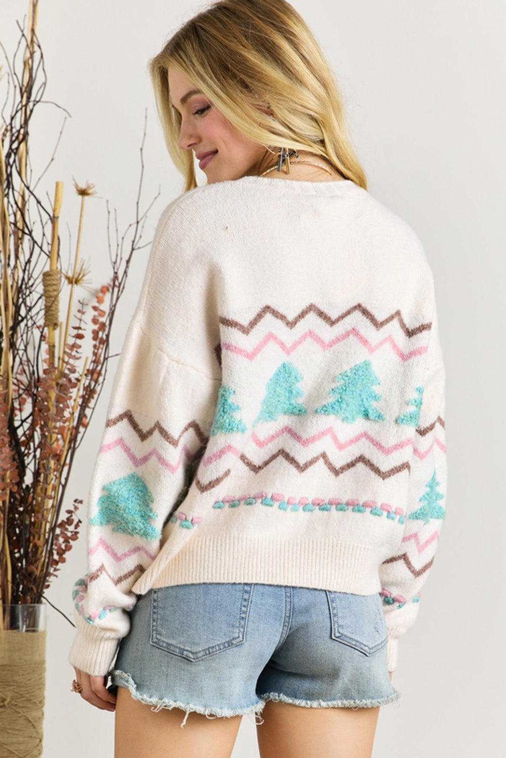 White striped Christmas tree ribbed trim drop shoulder sweater by Mommas Hive, featuring cozy knit and relaxed fit.