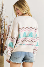 White striped Christmas tree ribbed trim drop shoulder sweater by Mommas Hive, featuring cozy knit and relaxed fit.