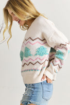 White striped Christmas tree ribbed trim drop shoulder sweater by Mommas Hive, featuring cozy knit fabric and relaxed fit.