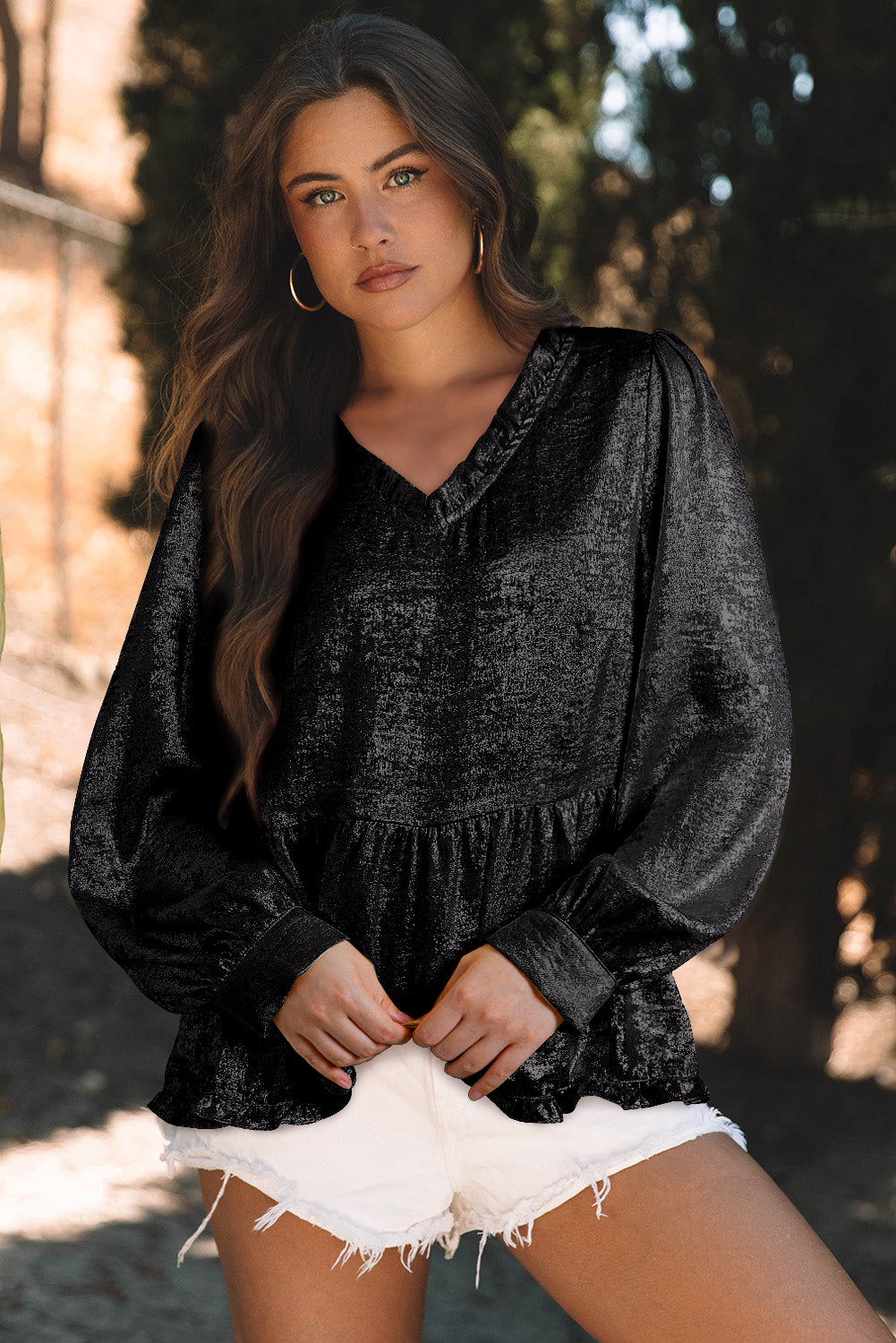 Black metallic babydoll blouse with frilled V-neck and puff sleeves, stylish top from Mommas Hive, made of lightweight polyester.