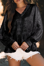 Black metallic babydoll blouse with frilled V-neck and puff sleeves from Mommas Hive, stylish and lightweight polyester top.