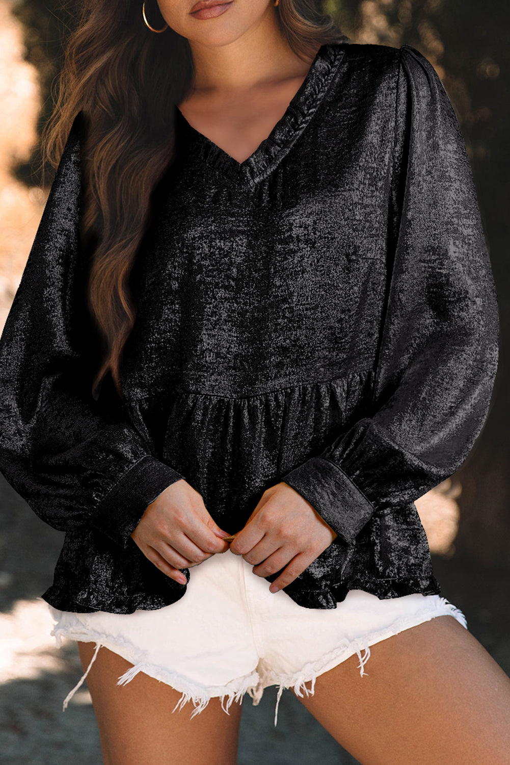 Black metallic babydoll blouse with frilled V-neck and puff sleeves from Mommas Hive, stylish and lightweight polyester top.