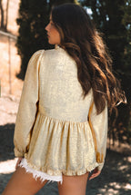 Black metallic babydoll blouse with frilled V-neck and puff sleeves, stylish top from Mommas Hive in polyester fabric.