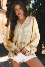 Black metallic babydoll blouse with frilled V-neck and puff sleeves by Mommas Hive, featuring a stylish and feminine design.