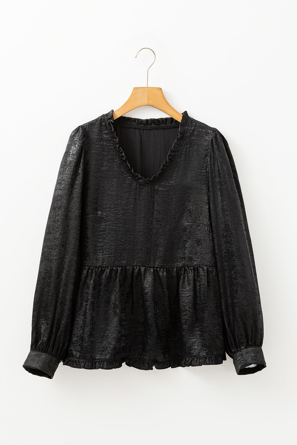 Black metallic babydoll blouse with frilled V-neck and puff sleeves by Mommas Hive, stylish top for casual or dressy occasions.