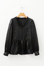 Black metallic babydoll blouse with frilled V-neck and puff sleeves by Mommas Hive, stylish top for casual or dressy occasions.