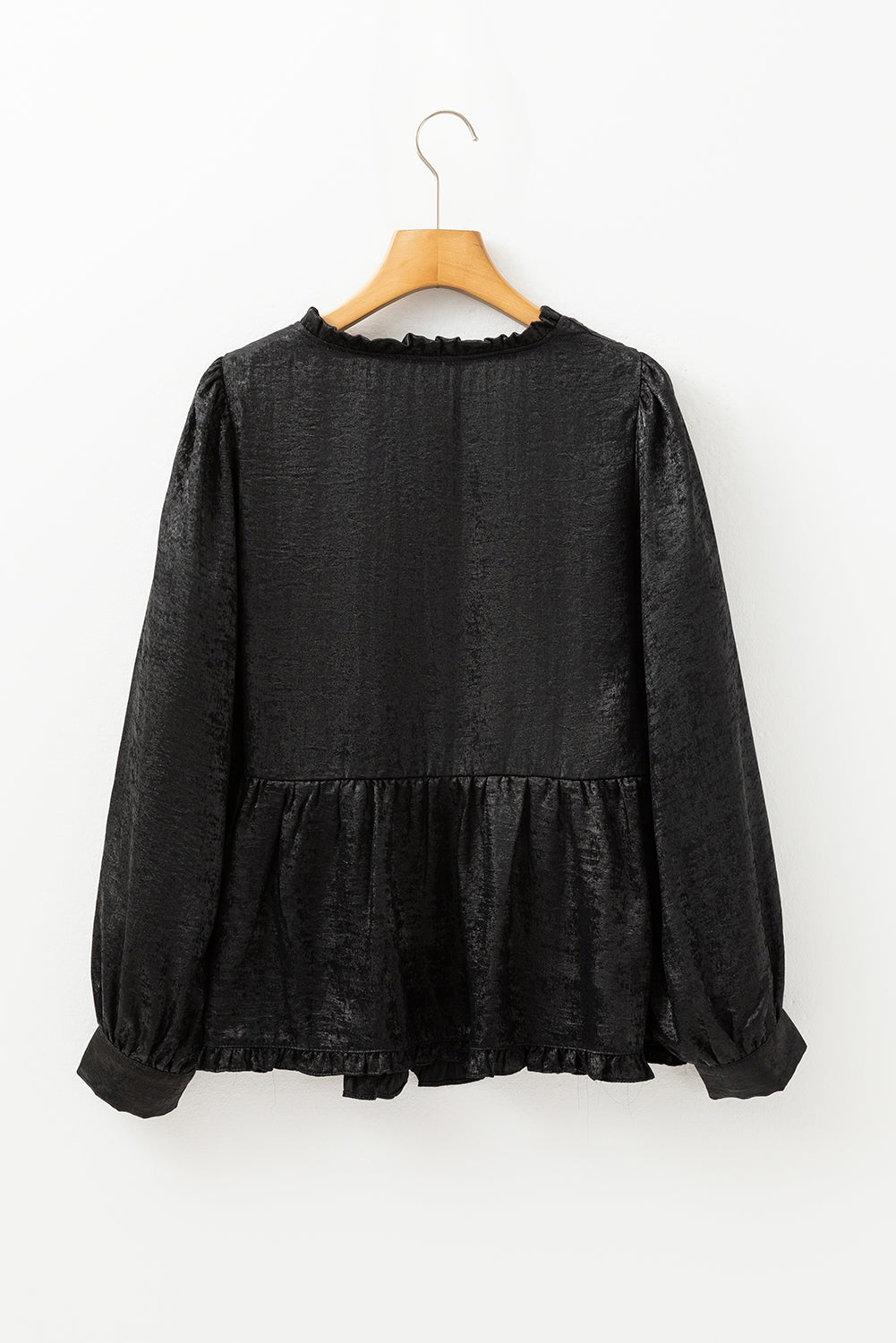 Black metallic babydoll blouse with frilled V-neck and puff sleeves, stylish top from Mommas Hive made of polyester.