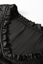 Black metallic babydoll blouse with frilled V-neck and puff sleeves from Mommas Hive, stylish and lightweight polyester top.