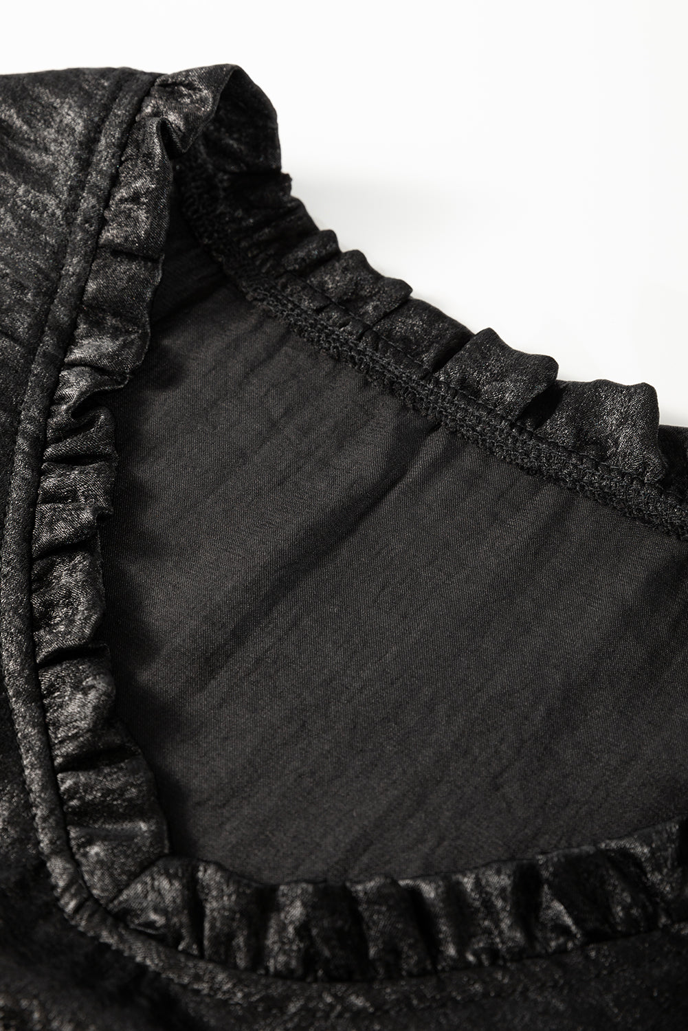Black metallic babydoll blouse with frilled V-neck and puff sleeves from Mommas Hive, stylish and lightweight polyester top.