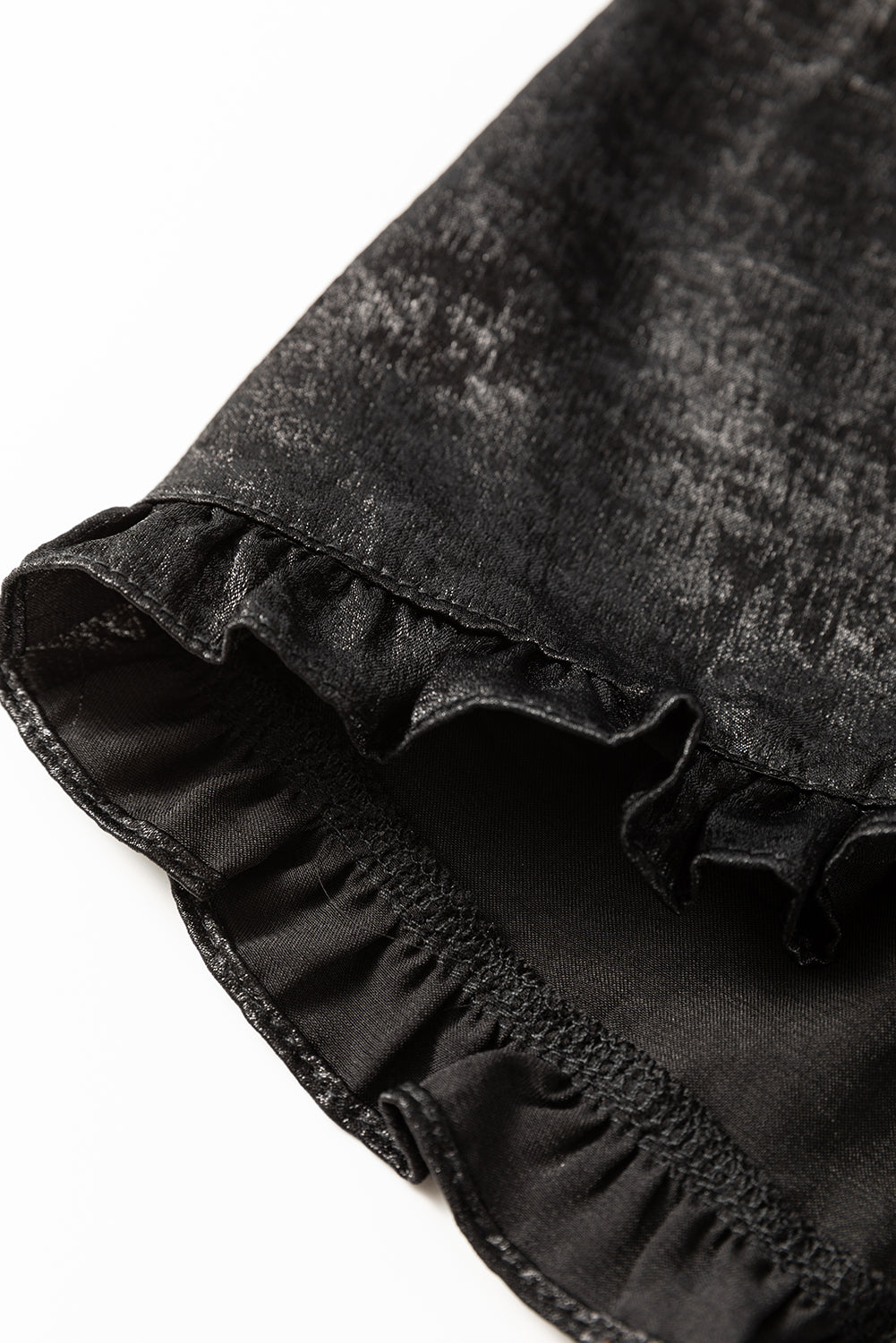 Black metallic babydoll blouse with frilled V-neck and puff sleeves, stylish top by Mommas Hive for trendy casual wear.