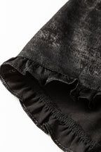 Black metallic babydoll blouse with frilled V-neck and puff sleeves, stylish top by Mommas Hive for trendy casual wear.