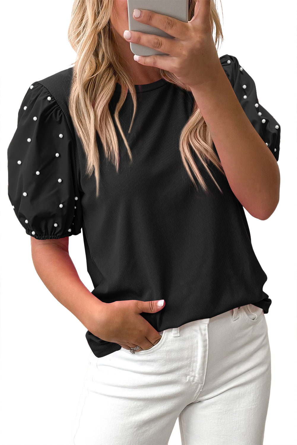 Black ribbed pearl beaded puff sleeve top from Mommas Hive, made of viscose and elastane, featuring elegant puff sleeves and beaded details.