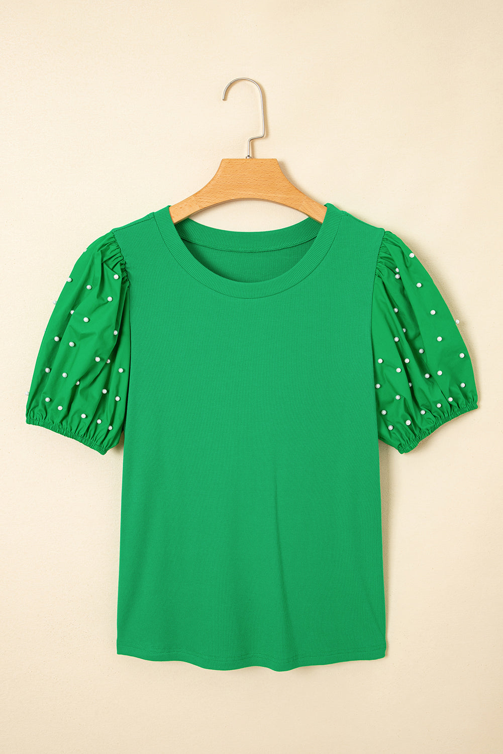 Black ribbed pearl beaded puff sleeve top by Mommas Hive, made from viscose and elastane, featuring elegant puff sleeves.