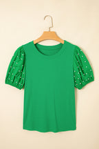 Black ribbed pearl beaded puff sleeve top by Mommas Hive, made from viscose and elastane, featuring elegant puff sleeves.