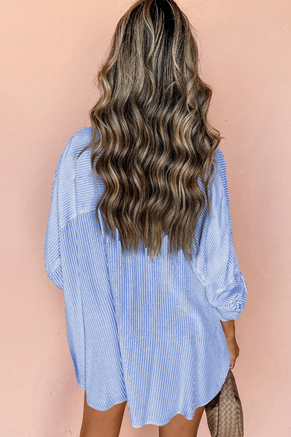 Black stripe long shirt by Mommas Hive with roll-tab sleeves and chest pockets, made of polyester and cotton for a casual look.