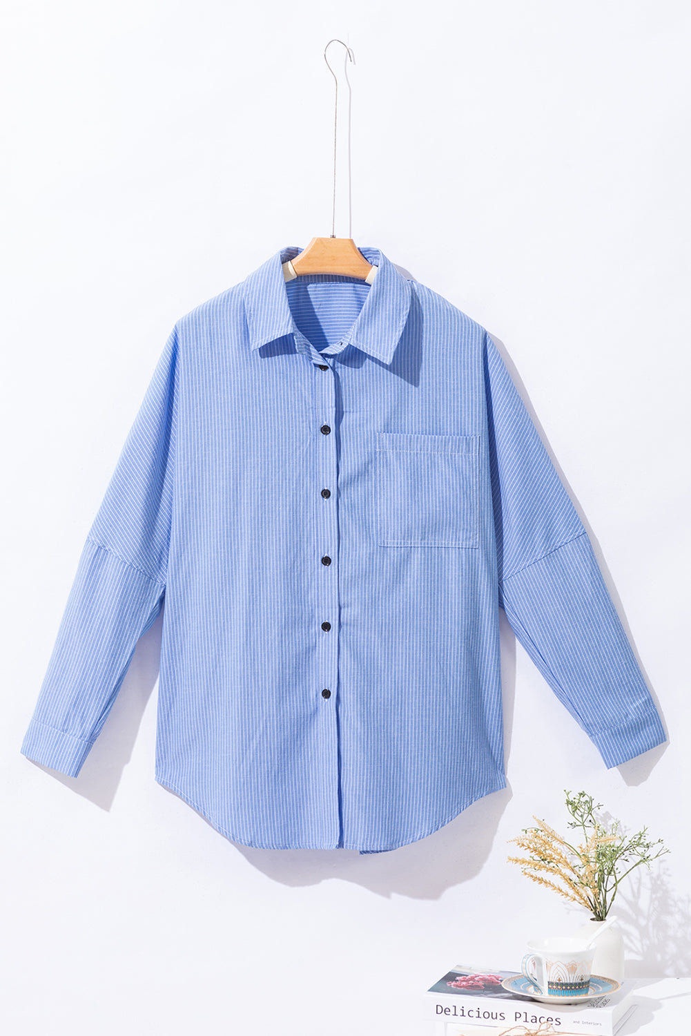 Mommas Hive black stripe long shirt with roll-tab sleeves and chest pockets, made of polyester and cotton blend, casual and stylish.