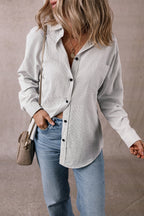 Mommas Hive black striped long shirt with roll-tab sleeves and front pockets, made of polyester and cotton blend.