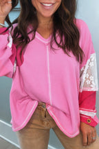 Mommas Hive Bonbon lace floral patchwork blouse with V-neck, rib knit fabric, and stitched sleeves, showcasing elegant floral details.