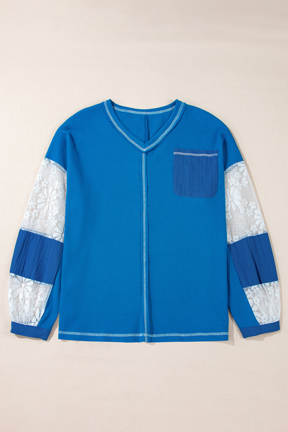 Mommas Hive Bonbon lace floral patchwork V-neck rib knit blouse with stitched sleeves, featuring a stylish, feminine design.