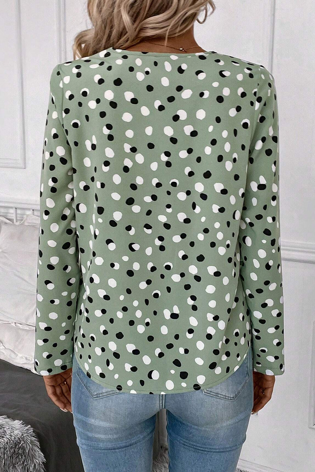 Green polka dot print blouse with button front and V-neck, from Mommas Hive, casual tops and blouses for women.