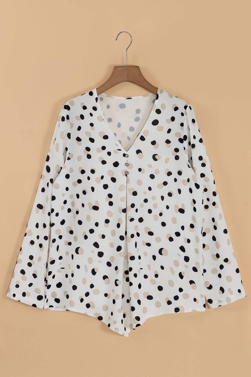 Green polka dot print blouse with button front and V-neck, from Mommas Hive, made of polyester, designed for stylish tops and shirts.